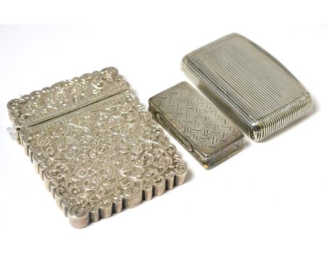 A heavily chased foliate design card case; together with a pocket vesta case and snuff box, marks indistinct (3)      7.9ozt