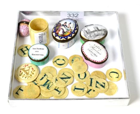Four Bilston enamel boxes, 18th century, inscribed ''A Trifle from Lincoln'', ''Tho' Absent not Forgotten'', ''Unity, Peace a