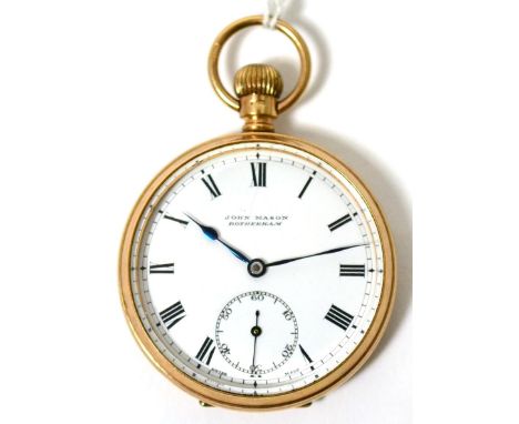 A 9ct gold open faced pocket watch, signed John Mason, Rotherham, 1925, lever movement, enamel dial with Roman numerals, subs