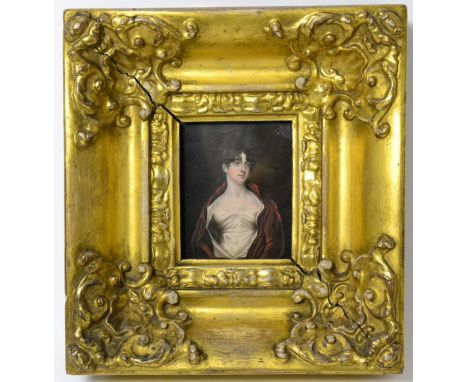 English School (19th century): a miniature bust portrait of a lady wearing a white dress and red cloak, 8.5cm by 7cm, framed 