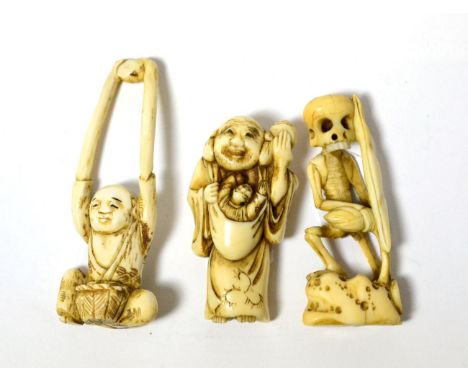 A Japanese ivory netsuke as Tenaga, 7.5cm; another as a skeleton, 6.5cm; and another holding a gourd, 6cm, all late 19th or e