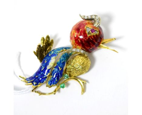 A diamond and gem set enamelled bird brooch, of abstract form and enamelled in tones of orange and blue, with a round cut rub