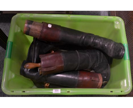 A pair of leather hunting boots with trees; and a collection of shoe trees (qty)      