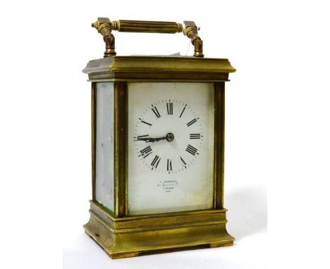 A brass striking carriage clock, signed T.Wordley, 81 Cannon St, London, no.2146, circa 1890, carrying handle, enamel dial wi