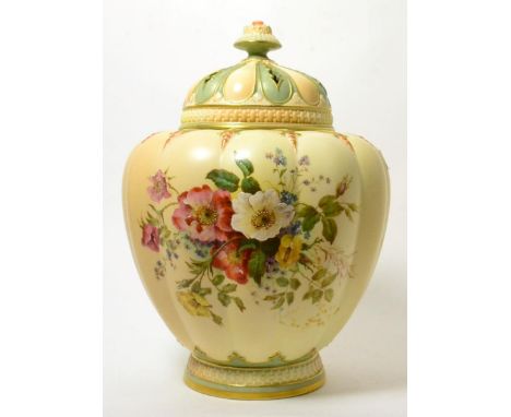 A Royal Worcester pot pourri vase, cover and inner cover, 1902, of melon fluted form, painted with flower sprays on a blue gr