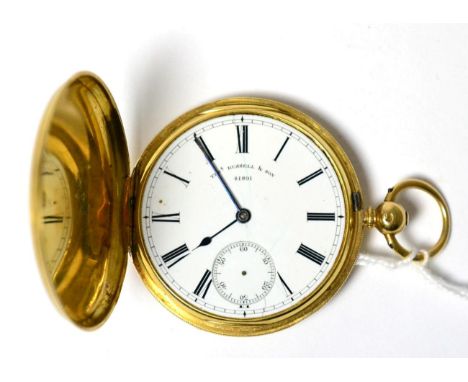 A 18ct gold full hunter pocket watch, signed Thos Russell & Son, no.41891, 1867, lever movement, enamel dial with Roman numer