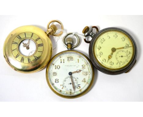A gold plated pocket watch, signed Omega circa 1920, 52mm wide, a military pocket watch signed Jaeger LeCoultre, circa 1940, 