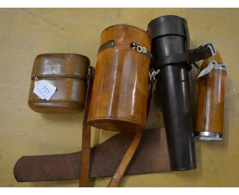 A leather cased hunting flask, a leather cased picnic set, a spirit flask with four tots and a three flask compendium      