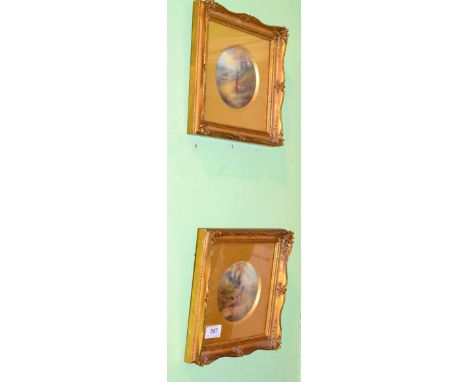 A pair of Royal Worcester circular plaques, 1930, painted by James Stinton with pheasant in landscape, 11cm diameter, framed 