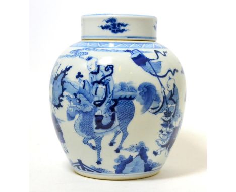 Chinese blue and white jar and cover, in Kangxi style, painted in underglaze blue with a procession, 21cm high      Good cond
