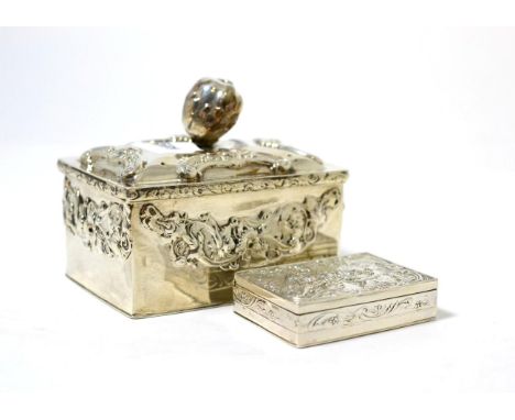 A Dutch silver snuff box, Berthold Muller, the lid chased with courting couples and a Continental silver box and cover with a