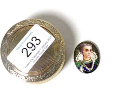 A 19th century French circular snuff box with engine turned decoration and a silver and enamel silver plaque of a lady (2)   