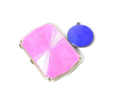 A silver and pink enamel compact and a cobalt blue silver and enamel compact with suspension hoop      