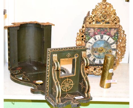 A Dutch thirty hour wall clock, 19th century, gilt painted cast lead pierced frets, polychrome painted dial with figures and 