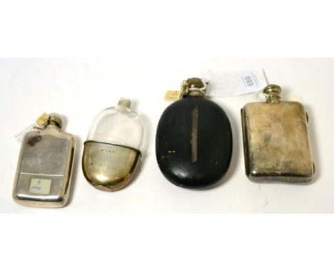 A damaged small silver hip flask, a plated combination hip flask/cigarette box, a damaged hip flask and a silver mounted hip 