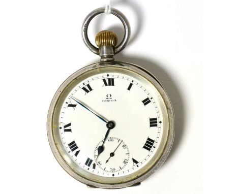 A silver open faced pocket watch, signed Omega, 1917, lever movement signed and numbered 5114760, enamel dial with Roman nume