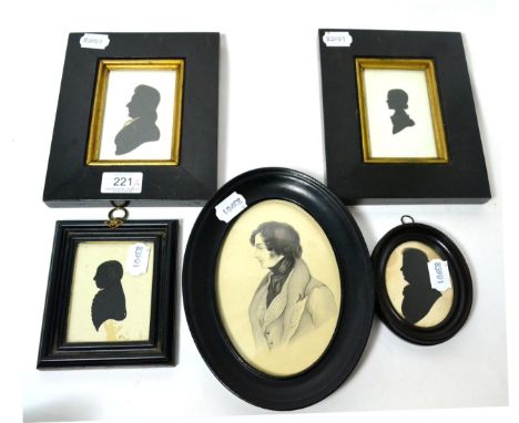 Four 19th century silhouette portraits; and a wash and pencil portrait of a gentleman (5)       