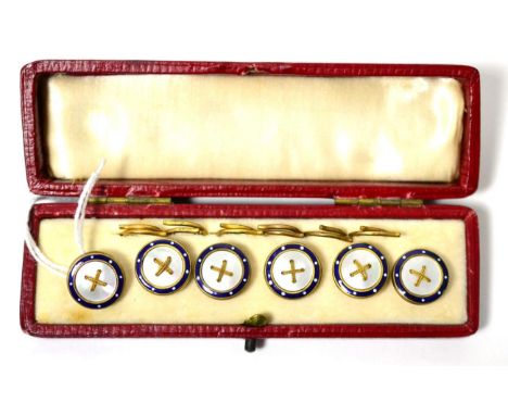 A set of six mother-of-pearl and enamel buttons, mother-of-pearl discs with yellow stitch motifs within blue enamel borders, 