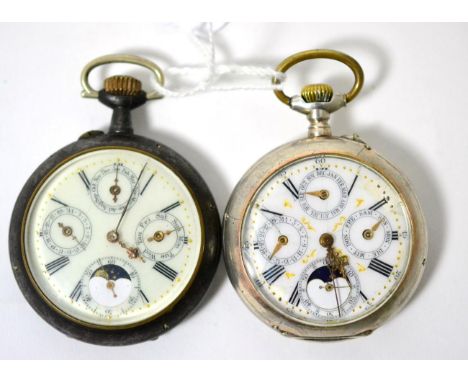 Two triple calendar with moon phase pocket watches, the first, lever movement, dial with three subsidiary dials for month/dat