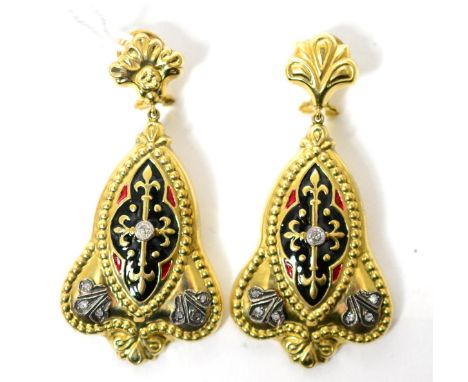 A pair of diamond and enamel drop earrings, trefoil studs suspend fancy pendant drops, each set centrally with a round brilli
