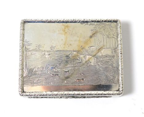 A Victorian silver snuffbox, maker's mark EE, London 1842, of rectangular form engraved with a hunting scene on a foliate scr