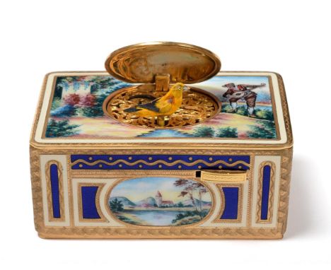 A 20th century gilt metal singing bird box, attributed to Karl Griesbaum, rounded rectangular, enamelled to the sides with la