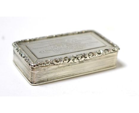 A Victorian silver snuff box by Ed Smith, Birmingham 1843 with engraved inscription       3ozt