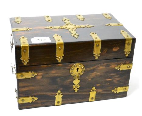A Victorian brass bound coromandel tea caddy, with two satinwood lift out lidded compartments engraved with initials, 26cm   