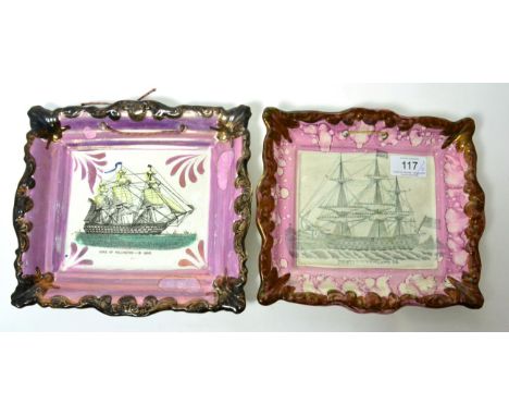 Two Sunderland Lustre pottery plaques, ''Northumberland 74'' and ''Duke of Wellington - 131 Guns'', 23cm wide      