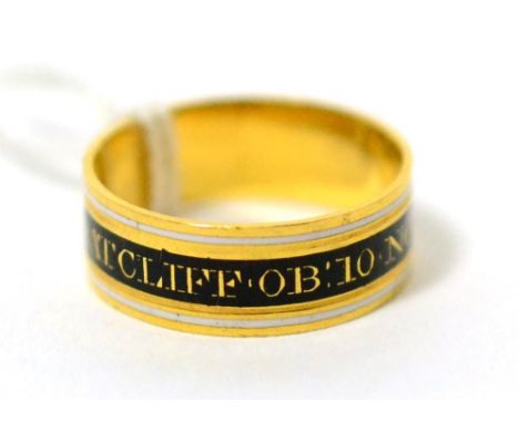 A 22ct gold George III mourning ring, a black central enamel band picked out to read 'Stephen Ratciff OB 10 Nov 1798 AE 46', 