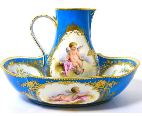 A Sevres porcelain ewer and basin, the porcelain 18th century, decoration later, painted with cherubs and flower sprays in pa