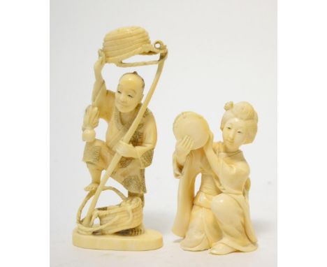 A Japanese ivory inro, Meiji period, as a kneeling girl playing a drum, 9cm high; and a similar as a man with a basket, 14cm 