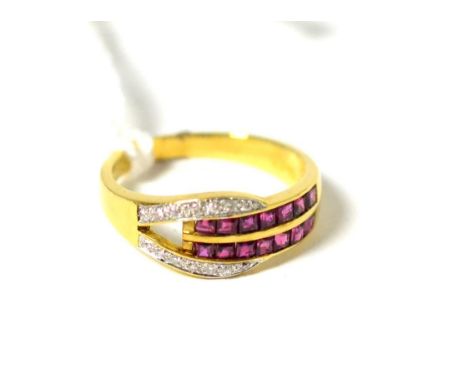 A ruby and diamond ring, two bands of graduated step cut rubies in yellow channel settings between two bands of pavé set roun