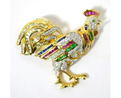 A diamond and multi-gemstone set cockerel brooch, the body pavé set with round brilliant cut diamonds and step cut rubies, em