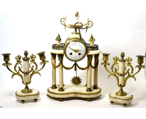 A white marble portico striking mantel clock with garniture, circa 1900, portico case with a urn finial and gilt metal mounts