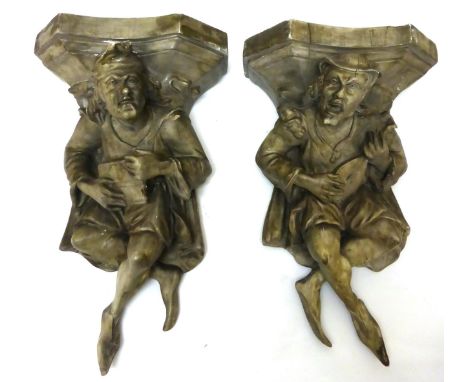 A pair of Austrian painted composition figural wall brackets, in Renaissance style, the shaped rectangular shelf supported by