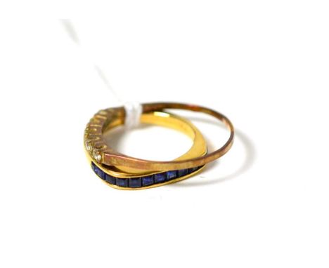 A sapphire half eternity ring, channel set step cut sapphires in a yellow plain polished square-shaped shank, finger size J, 