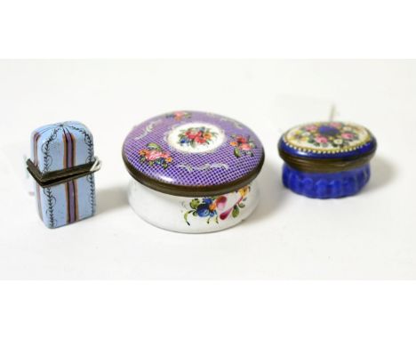 A Staffordshire enamel patch box, late 18th century, of oval form painted with flowers on a blue ground, 4.5cm; a similar cir
