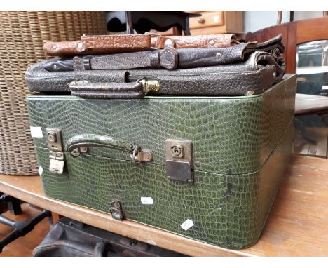 A PUKKA GREEN CROC EFFECT VINTAGE CASE AND THREE SATCHELS
