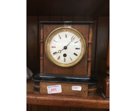 WALNUT AND PART EBONISED VICTORIAN MANTEL CLOCK WITH ENAMEL DIAL