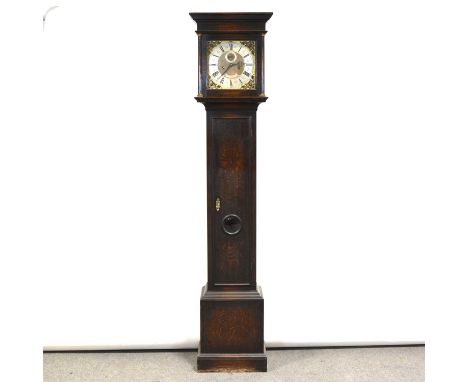 Oak longcase clock, the hood with moulded cornice, engaged columns, trunk with long door and bullseye glass, bracket feet, la