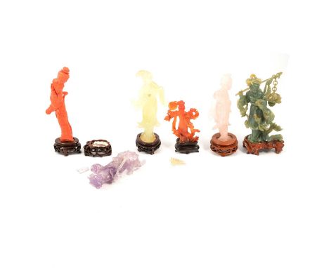 Six Japanese jade and stone Guanyin figures and similar, all on wooden stands, 15cm amethyst and rose quartz Guanyin figures;