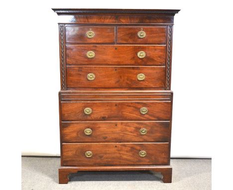 George III mahogany chest on chest, key and cavetto moulded cornice, the upper section with two short and two long graduating