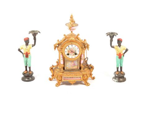 French gilt spelter and porcelain mantel clock, the case with urn finial, enamelled porcelain dial, Samuel Marti cylinder mov