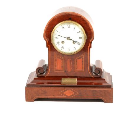 Edwardian mahogany mantel clock, enamelled dial, presentation plaque, French cylinder movement striking on a gong, height 31c