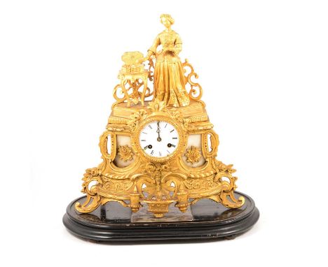 French gilt metal and alabaster mantel clock, white enamelled dial, striking on a bell, ebonised platform with engraved plate