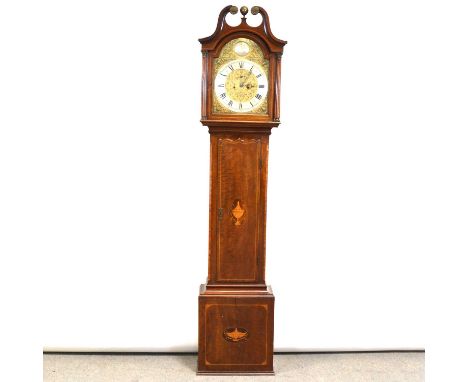 Mahogany longcase clock,the hood with swan neck pediment, Corinthian columns, the trunk with long door, box base, thirteen in