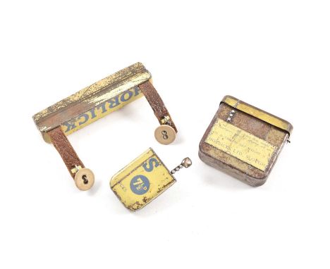 Three modernist jewellery pieces using reproduction tins and diamonds, each tin set with three brilliant cut diamonds, one ha