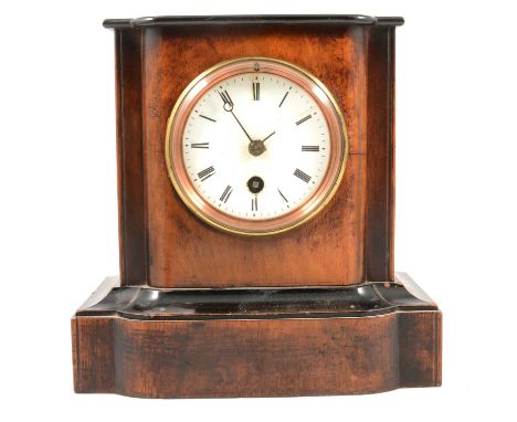 Victorian walnut and ebonised mantel clock, circular enamelled dial, timepiece movement, 21cm.