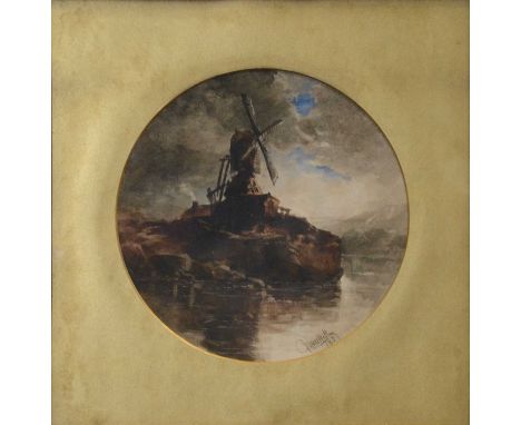 James Webb,Windmill in moonlight,watercolour, signed and dated 1859,diameter 21.5cm.Condition report:There is some slight fox